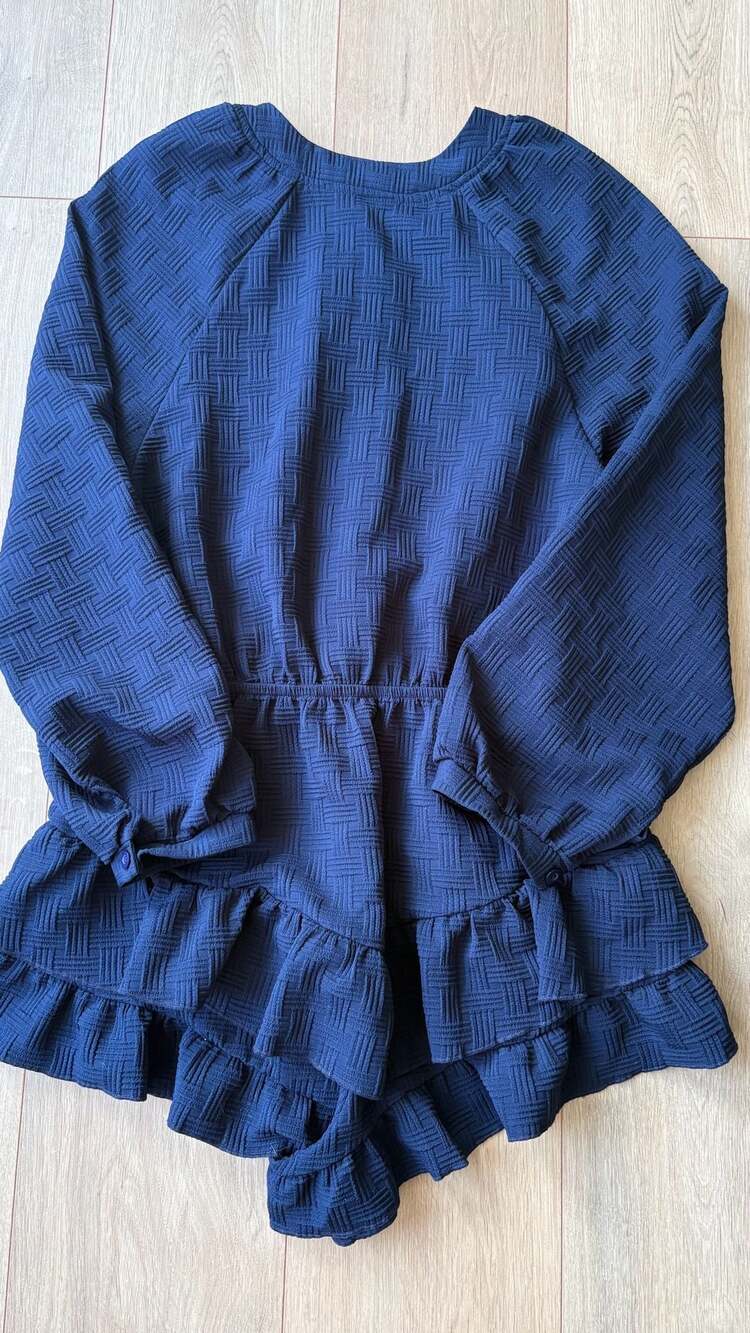 Shein Textured Ruffle Romper Size 4 Blue Long Sleeve Playsuit